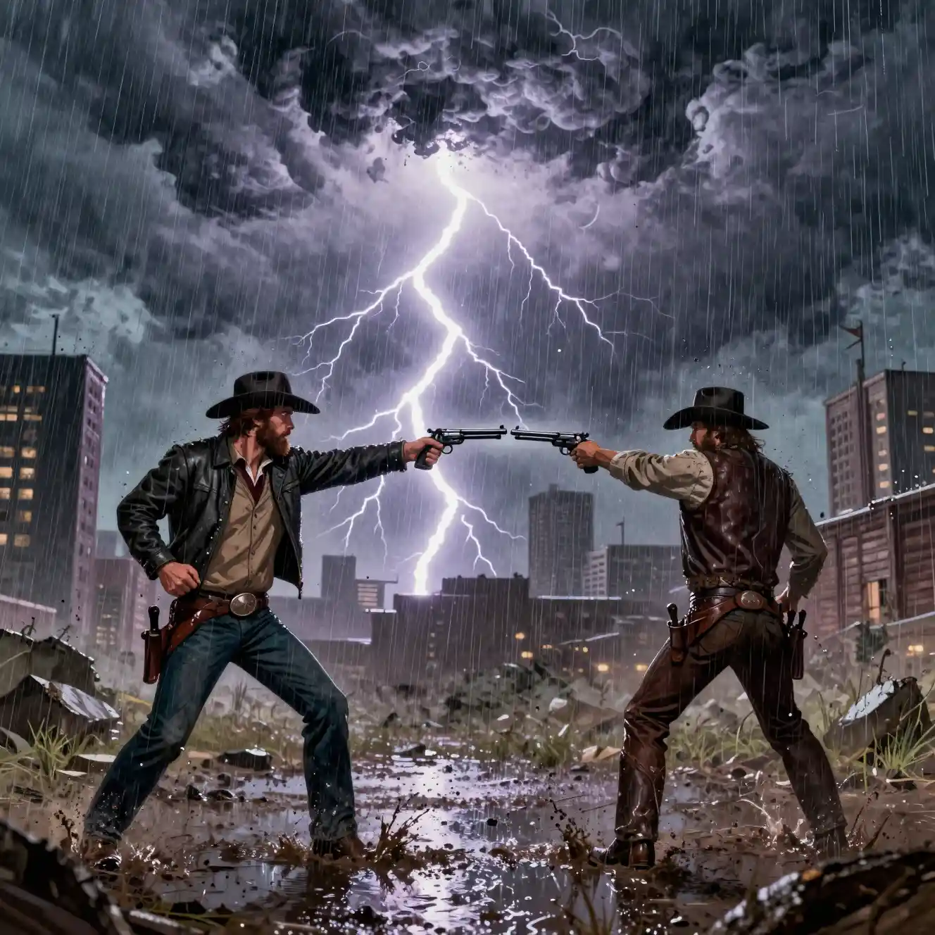 Dois cowboys se encaram em uma rua de cidade do velho oeste sob tempestade