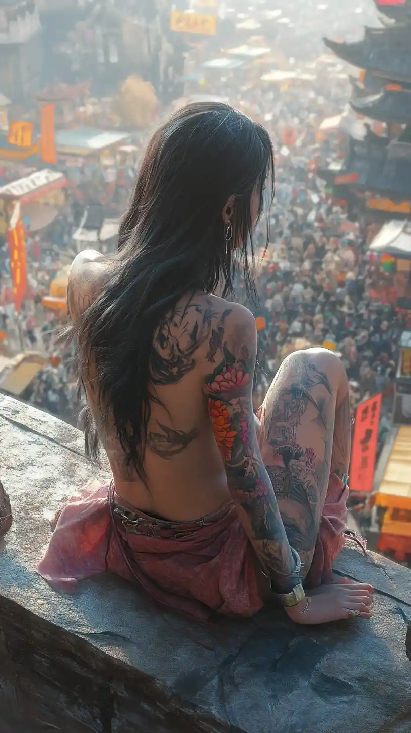 Tattooed anime girl atop ancient tower above busy market