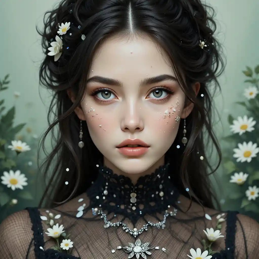 Mystical portrait of a young woman with floral details