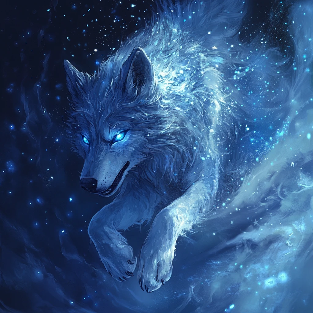 Lobo prateado e azul avançando sob um céu estrelado ao luar