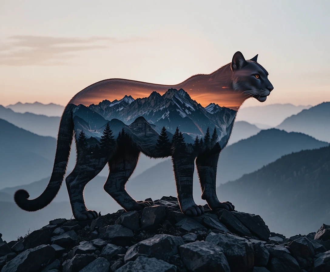 Silhueta de leão em dupla exposição com pôr do sol luminoso nas montanhas