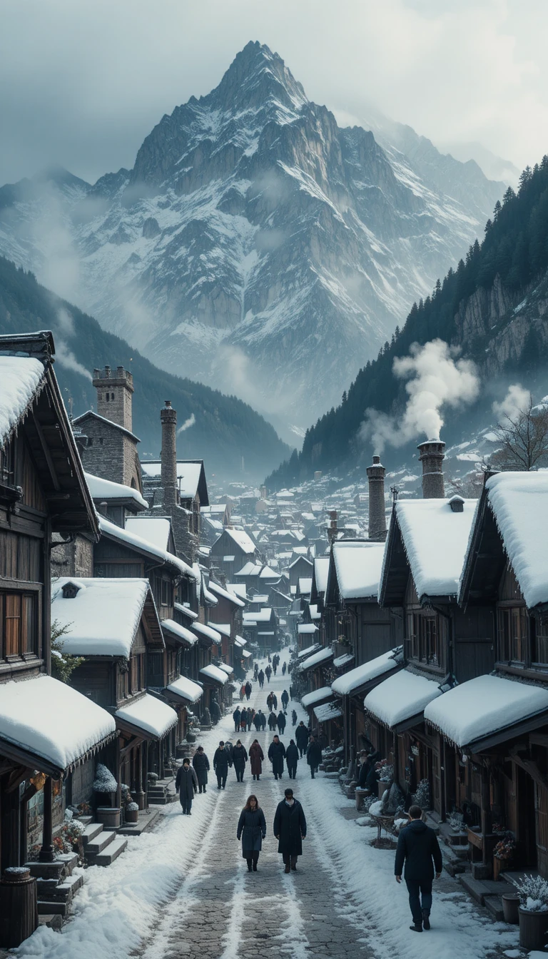 Vila medieval nas montanhas no inverno com ruas movimentadas e nevadas