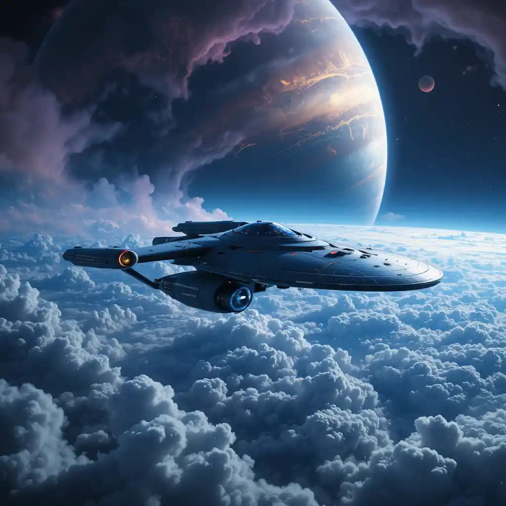 Starship Gliding Through The Clouds Of A Massive Gas Giant
