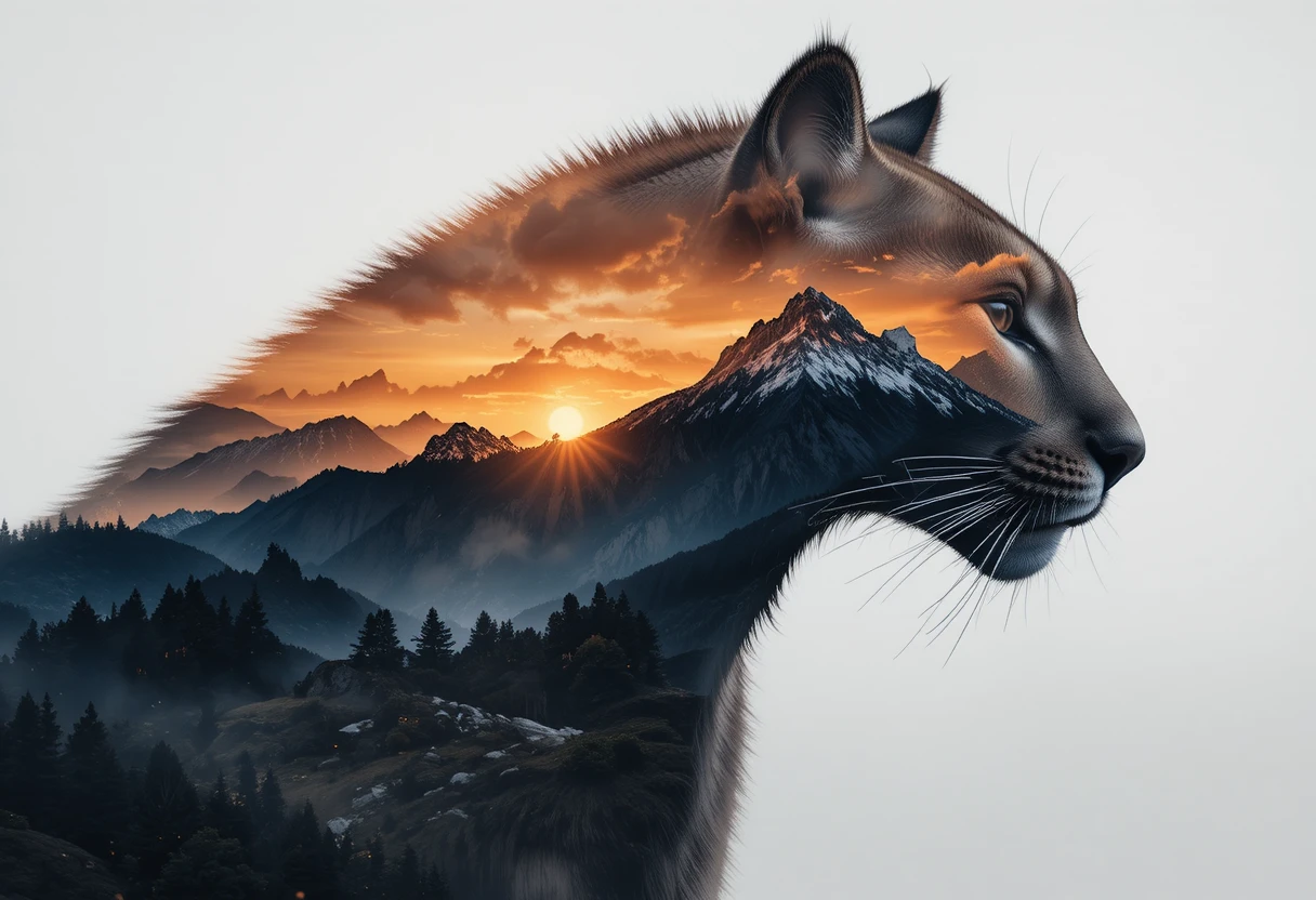 Silhueta de Puma Fundida com Pôr do Sol Brilhante nas Montanhas