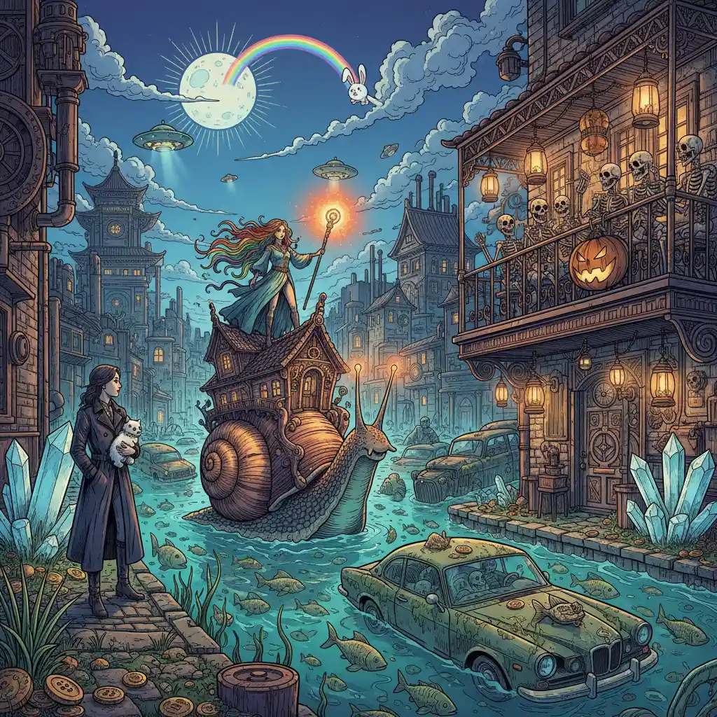 Caracol gigante carregando uma casa de madeira por ruas alagadas