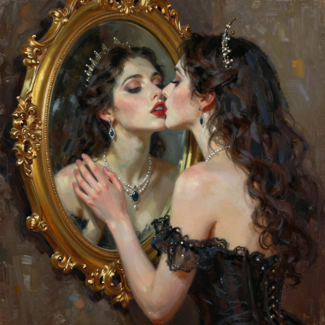 Femme gothique embrassant un miroir enchanté dans une pièce sombre