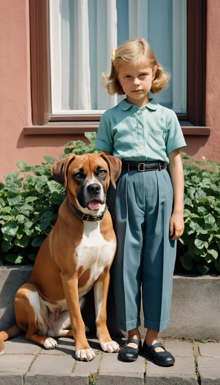 Giovane ragazza e cane Boxer che riposano su un vecchio davanzale