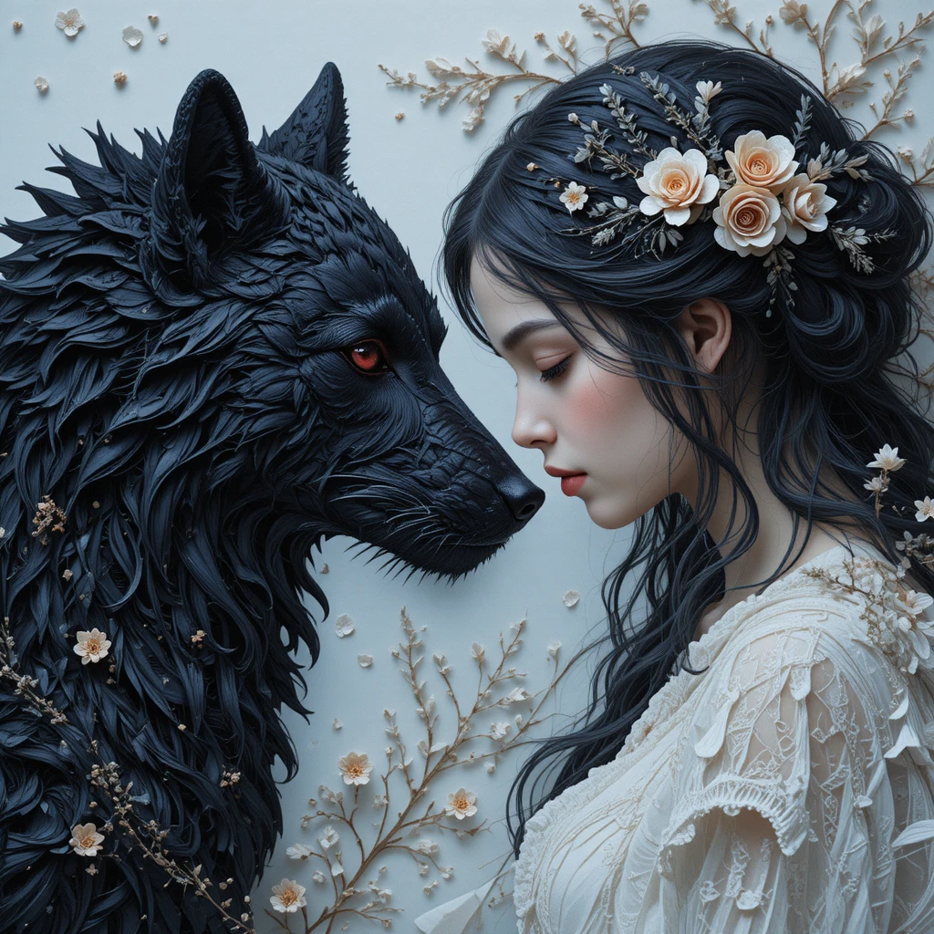 Garota e lobo negro se encarando em arte de quilling