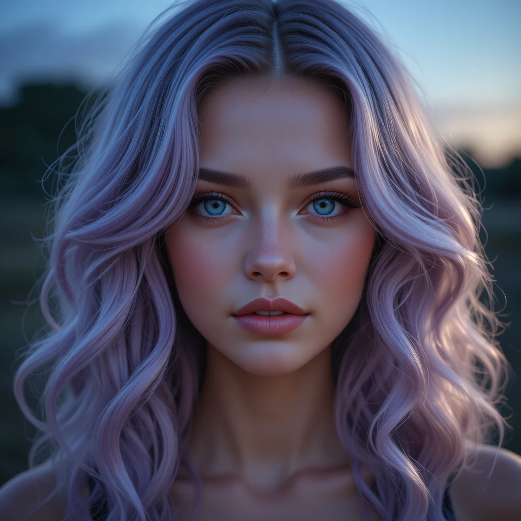 Dreamy close up portrait of a girl with lilac hair
