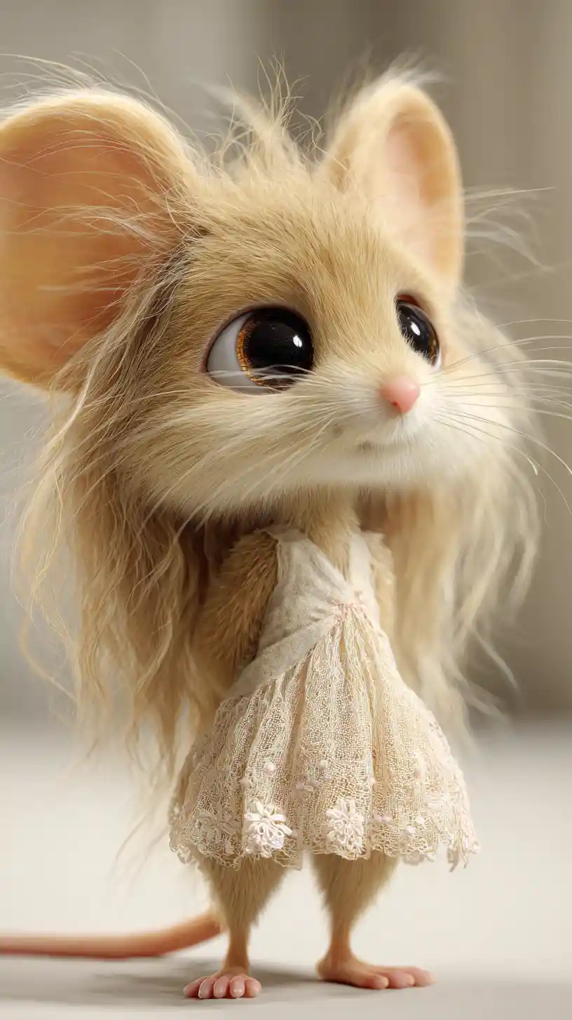 Adorável menina camundonga em 3D estilo cartoon com vestido romântico em tons pastel