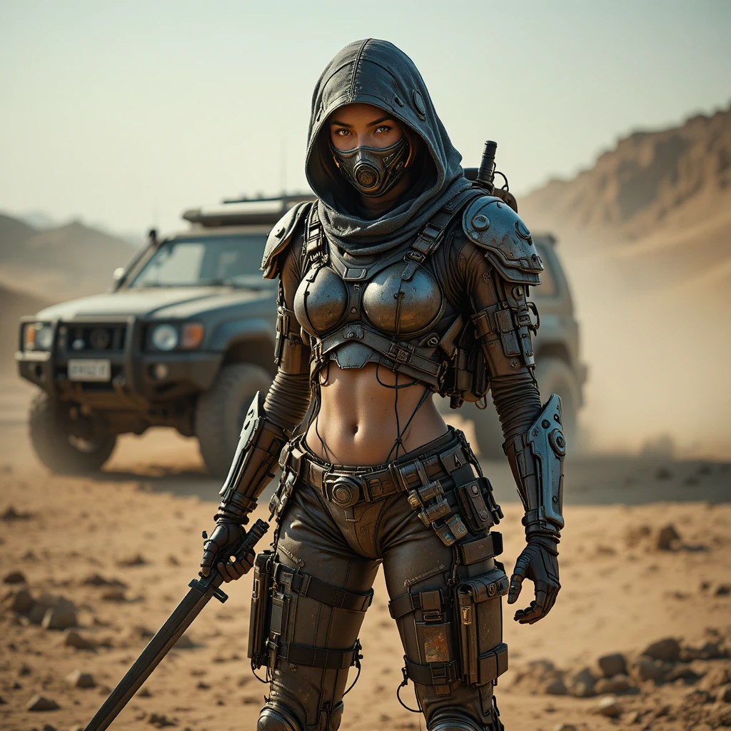 Post apocalyptic girl warrior with cyberpunk armor and blade