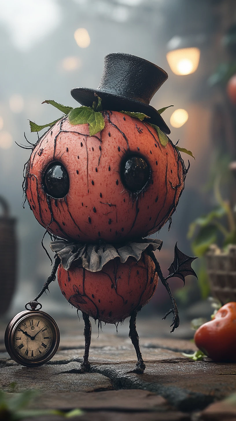 Criatura fresa chibi gótica en un mercado de pueblo con niebla