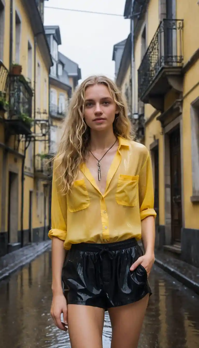 Fit blonde girl in yellow shirt on wet European street