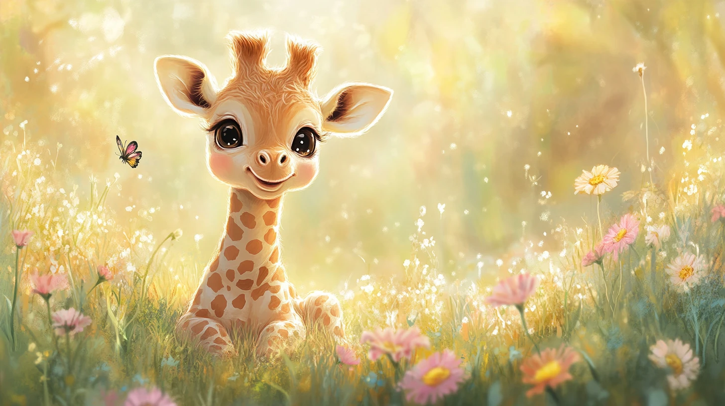 Adorable bébé girafe assise dans un pré fleuri ensoleillé