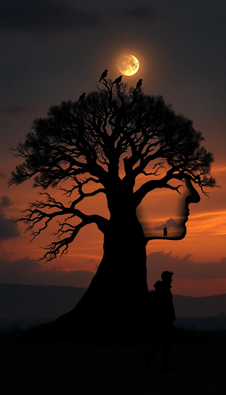 Silhouette surreale di un albero a forma di testa umana al tramonto