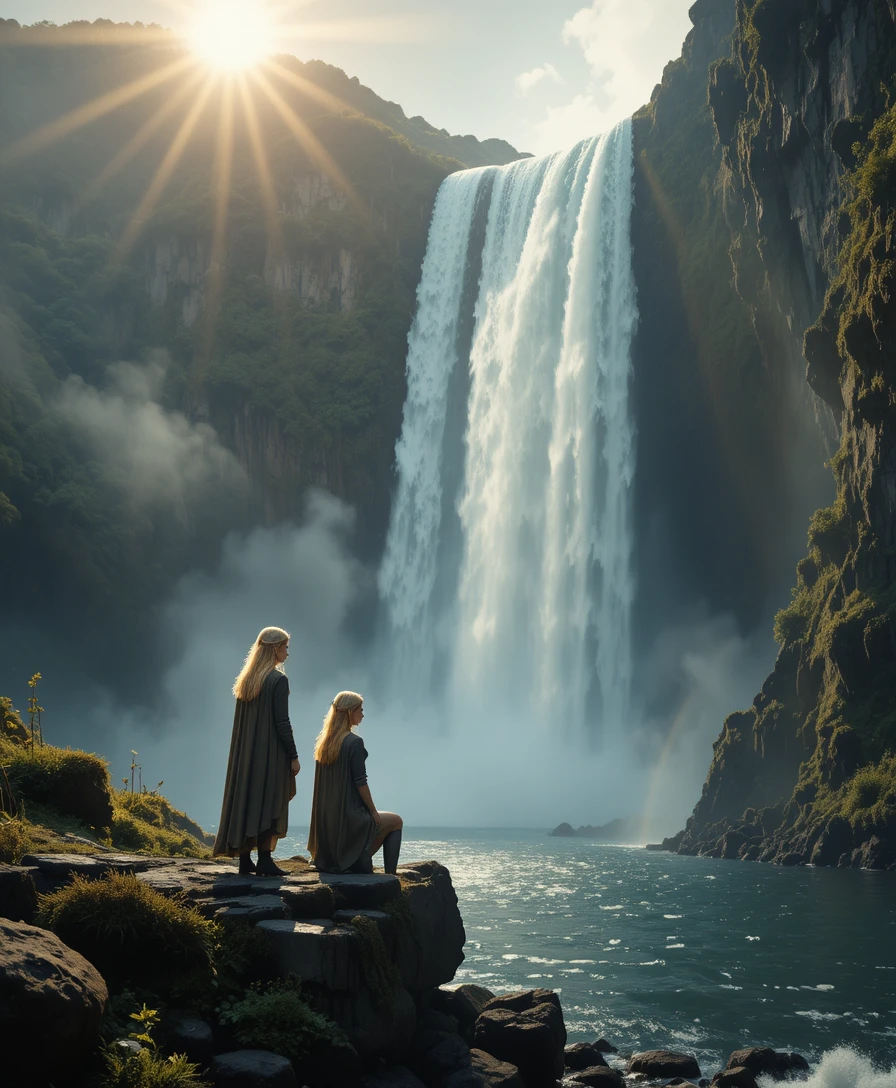 Jeunes filles près d’une cascade ensoleillée dans un fjord norvégien