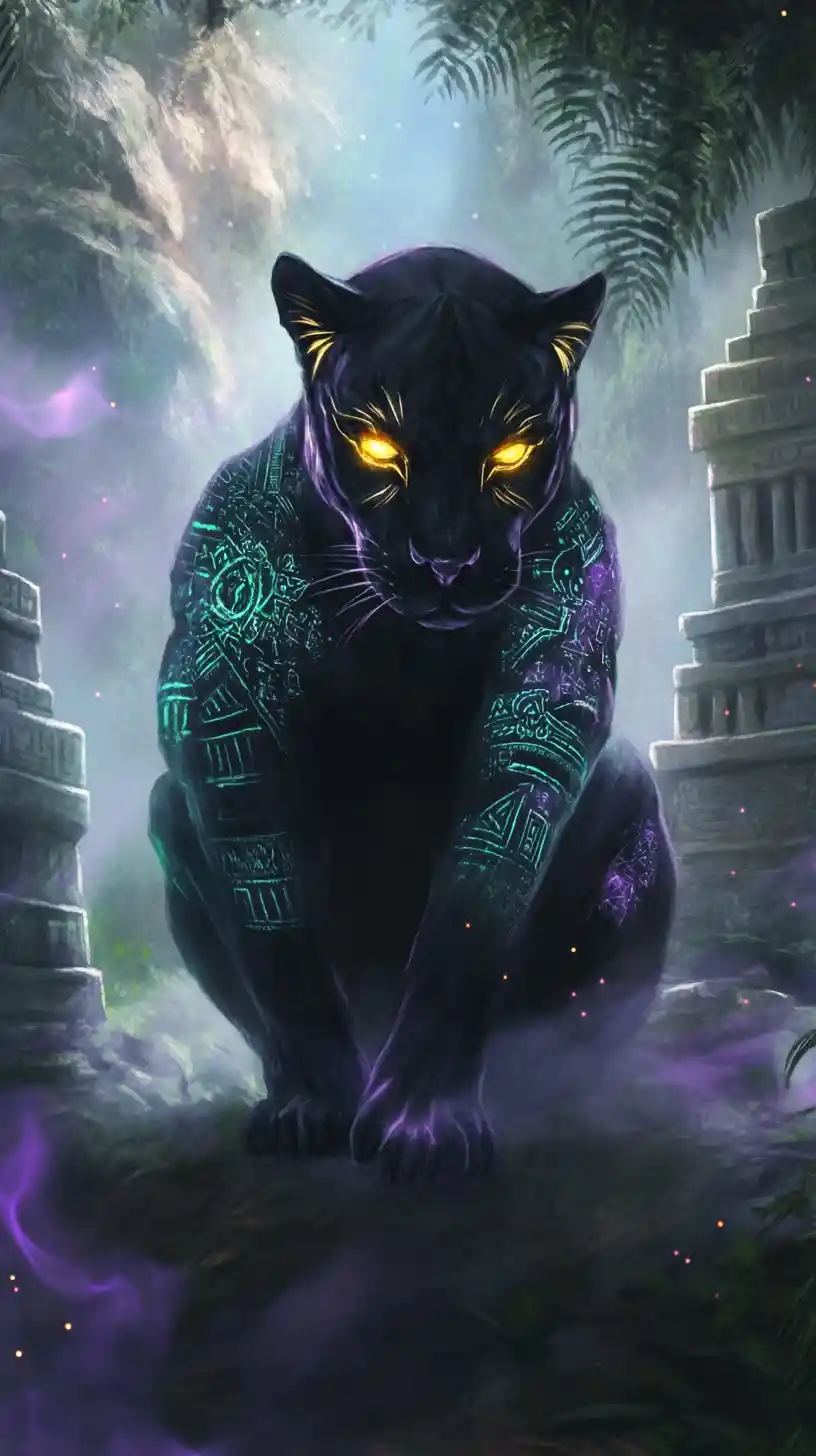 Mystical panther emerging from glowing jungle ruins smoke
