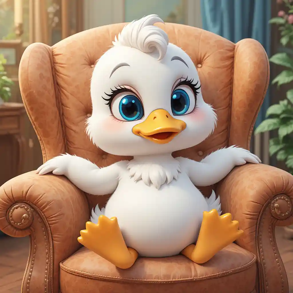 Pato branco fofo de desenho animado relaxando em uma poltrona confortável
