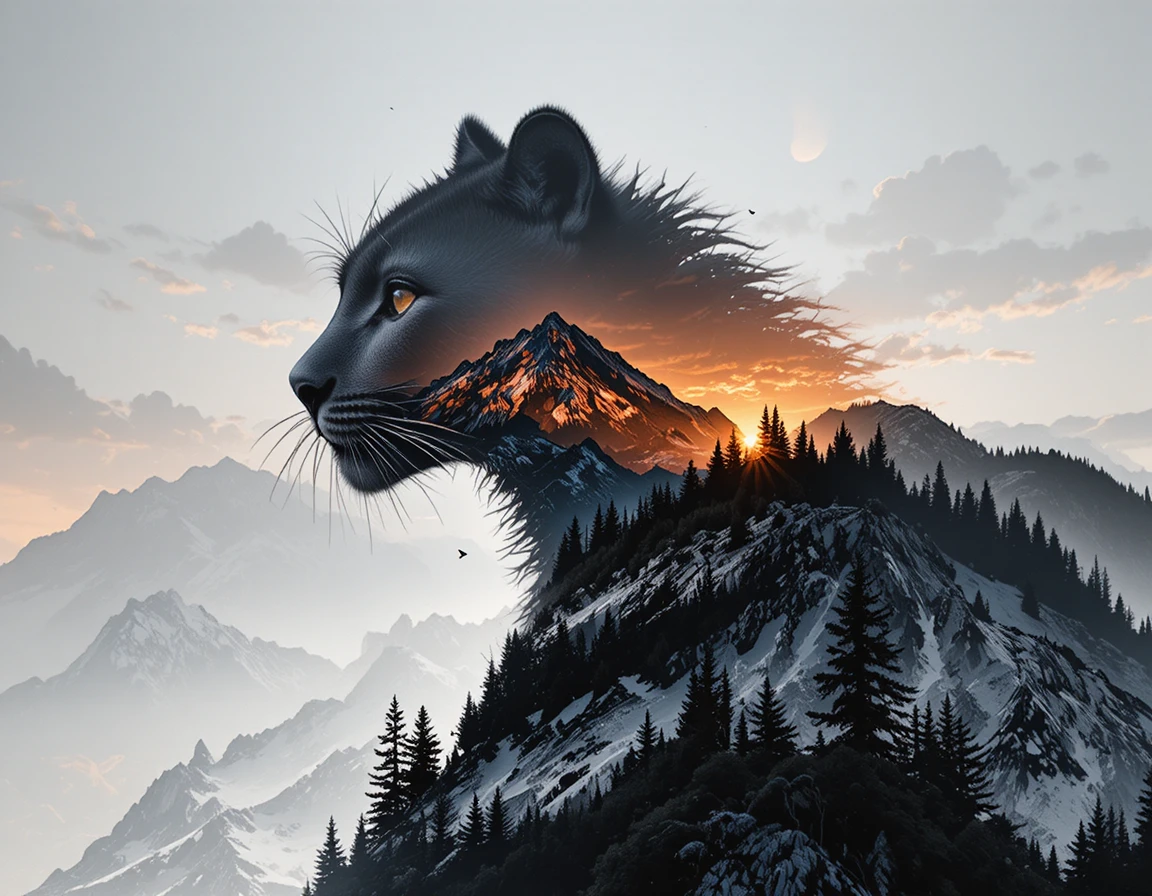 Silhueta de leão em dupla exposição com pôr do sol brilhante na montanha