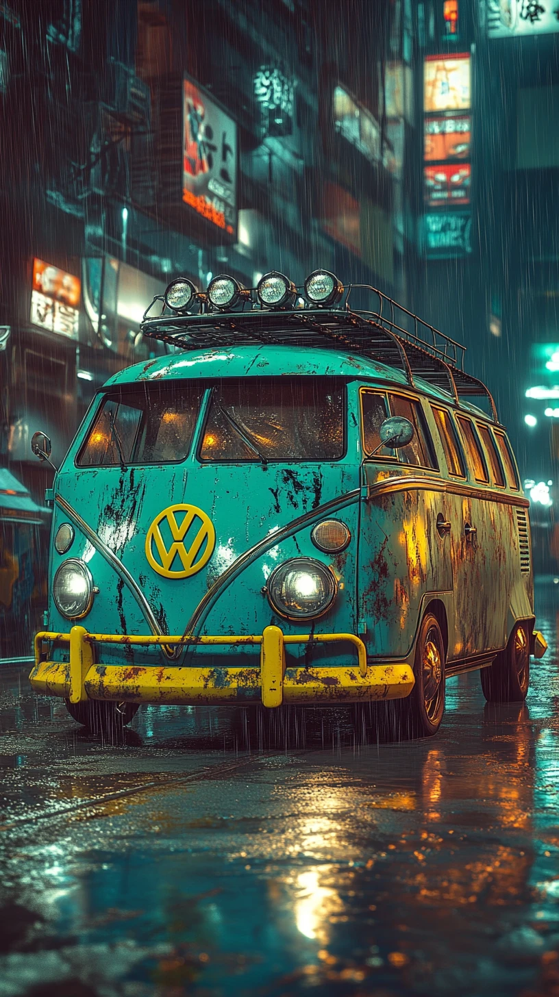 Van vintage personnalisé sur une rue de ville néon sous la pluie