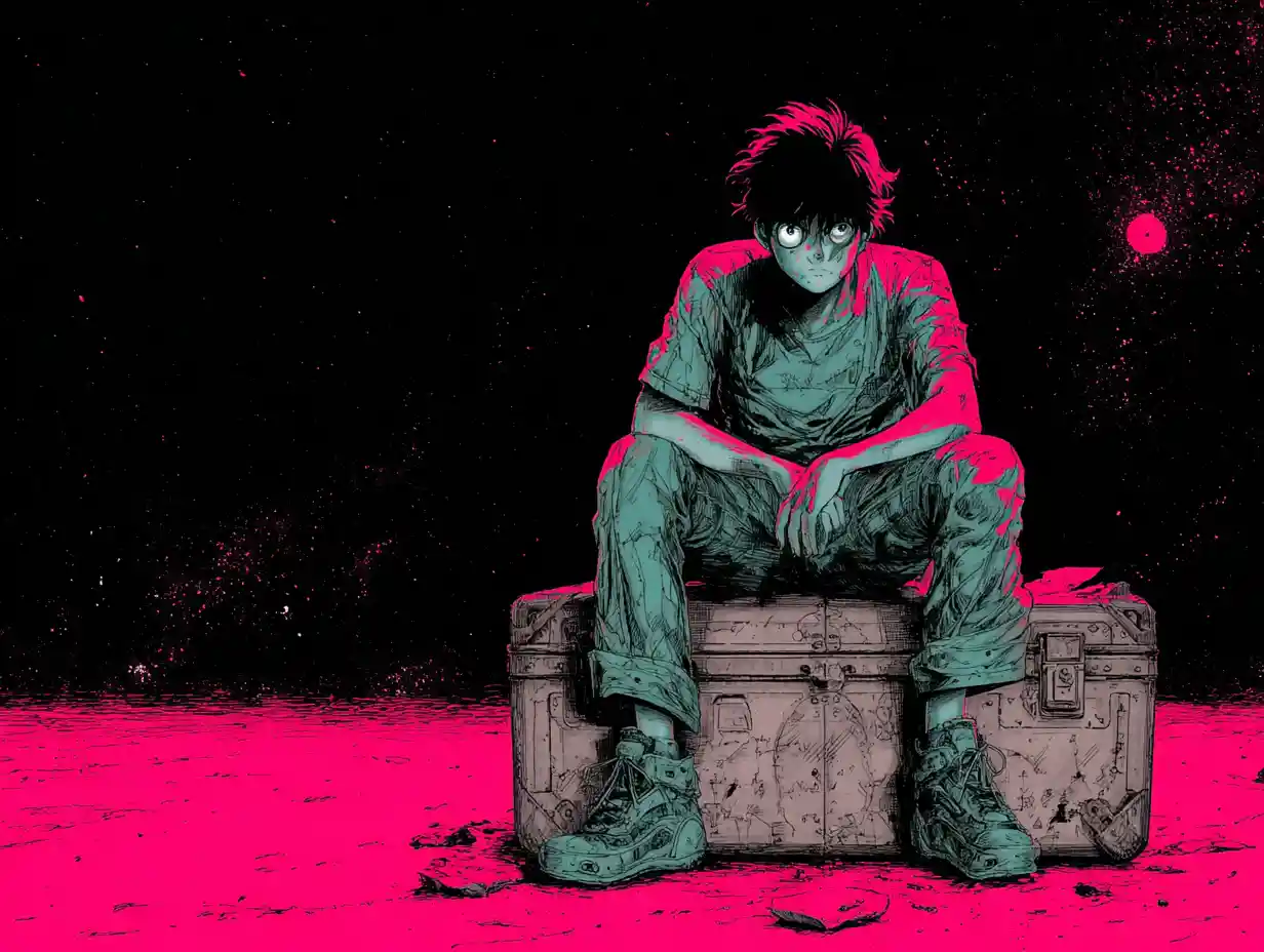Jovem em estilo anime sobre baú vintage em estilo de tinta de terror