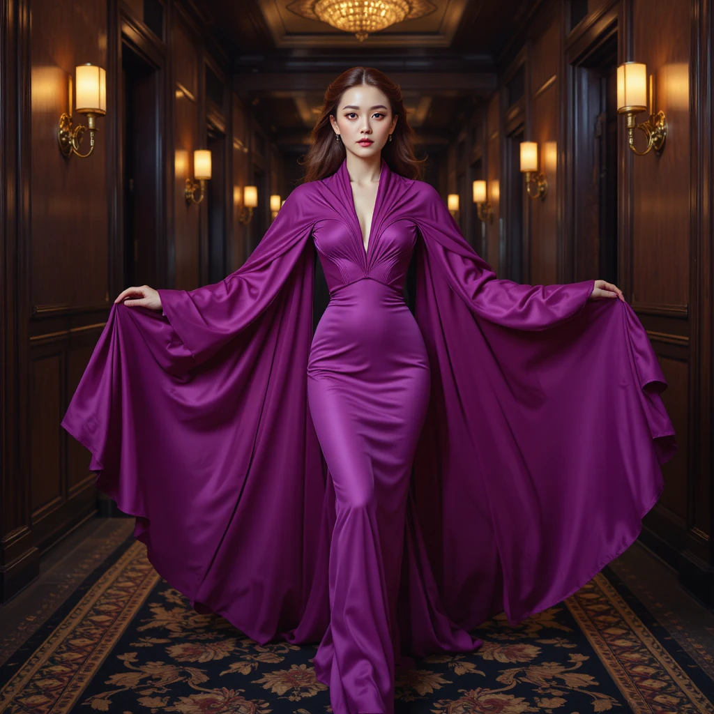 Magenta clad countess striding through a dim hotel corridor