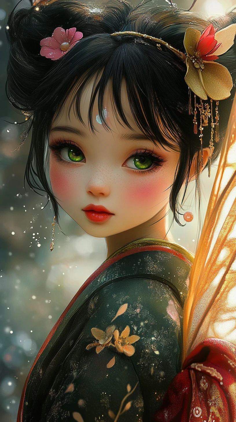 Ritratto di fata asiatica in kimono ornato con ali dorate