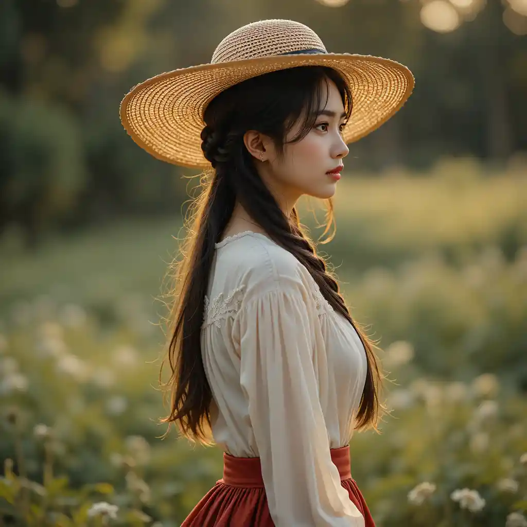 紅裙年輕女子在浪漫鄉間的側面身影