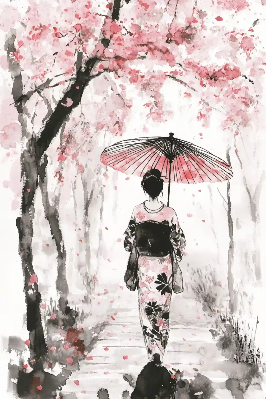Japanese woman in kimono amid cherry blossoms in rain