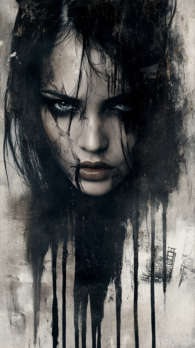 Woman with dripping black paint and sorrowful downward gaze