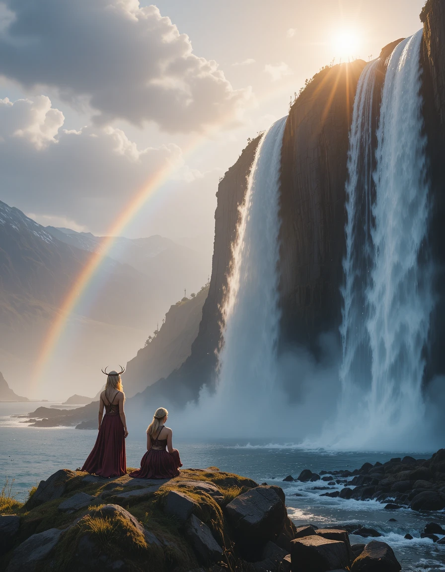 Young girl and viking woman by a bright norwegian waterfall
