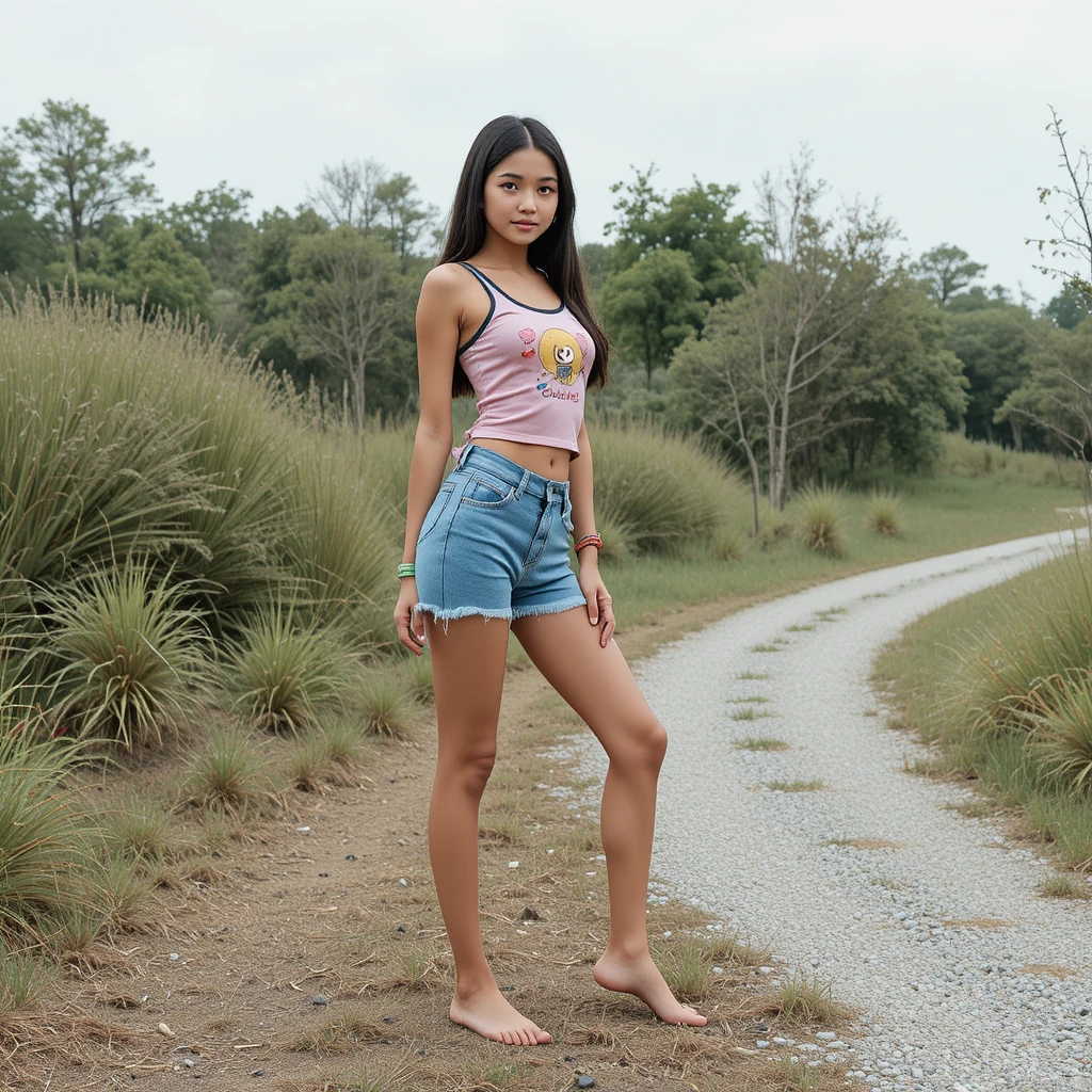 Teen girl standing barefoot on dry ground outdoors