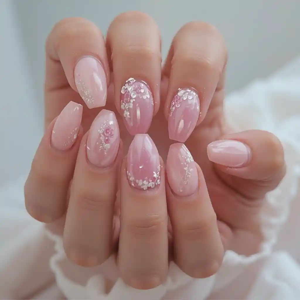 Milchig roséfarbene Nailart mit zartem, glänzendem Finish