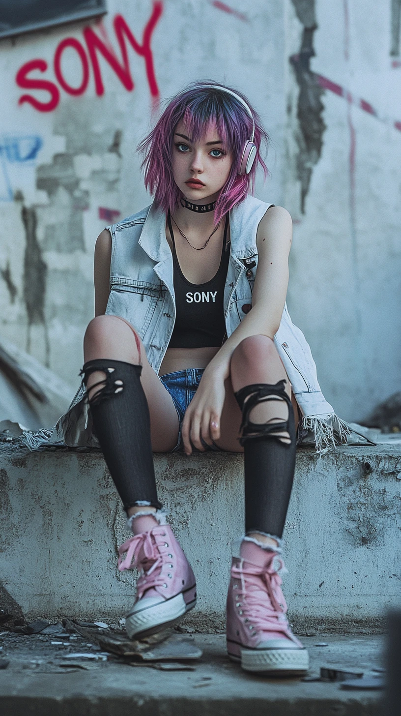 Garota de anime em cenário urbano arruinado com parede de grafite rosa