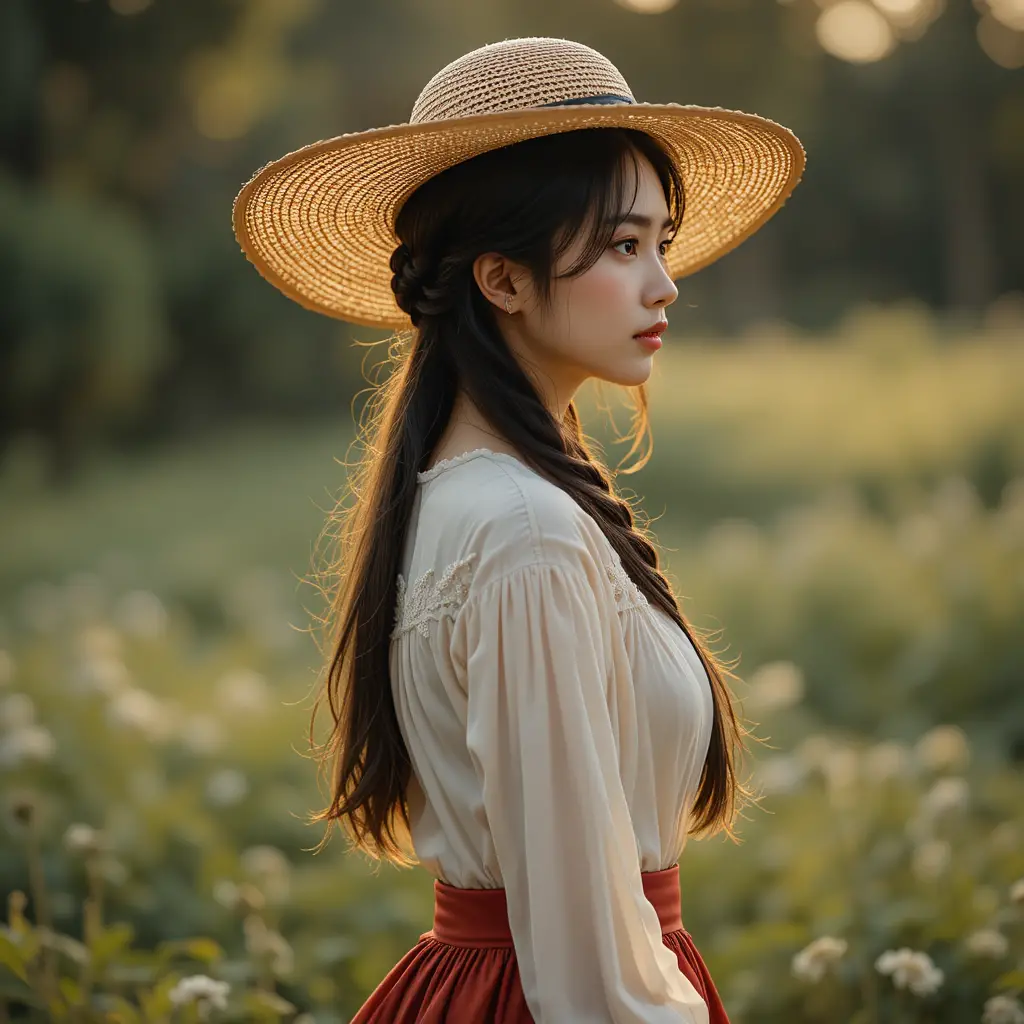 紅裙年輕女子在浪漫鄉間的側面身影