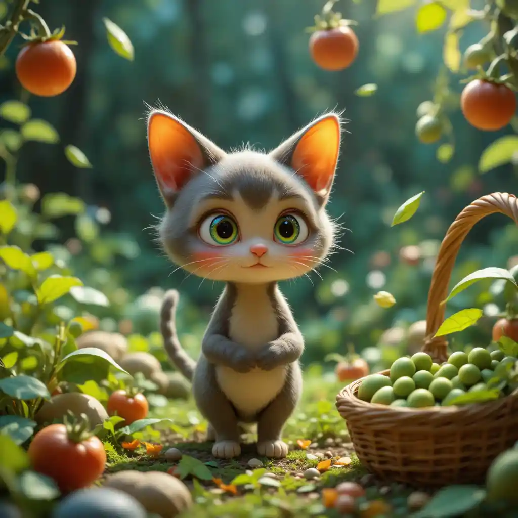 Gato 3D cartunesco em um jardim mágico