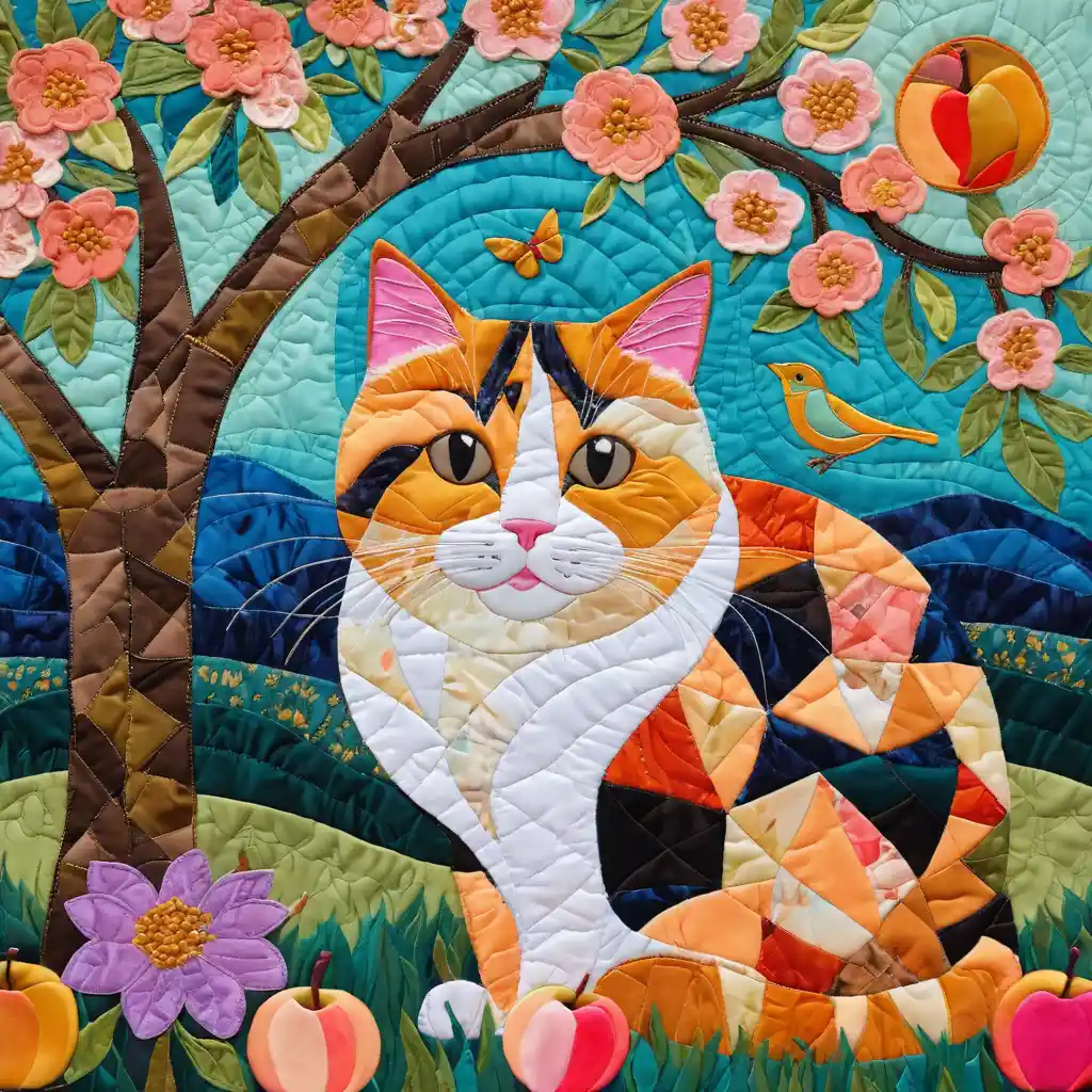 Whimsical Calico Cat In A Patchwork Fantasy Meadow