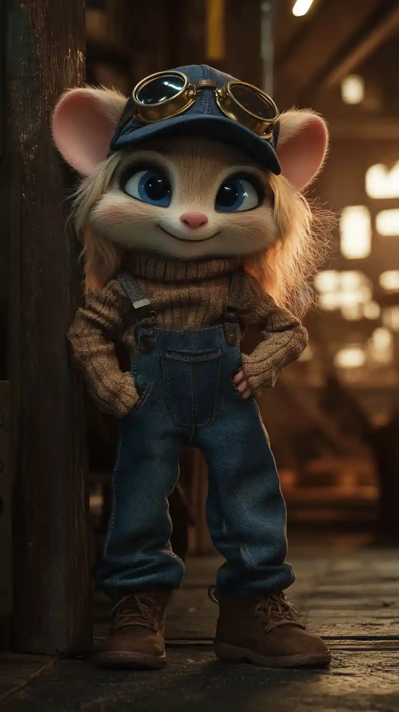 Anthropomorphische Maus im Pixar-Stil in Latzhose aus Denim