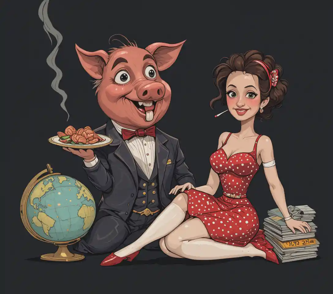 Porco de smoking com prato de comida em fundo preto