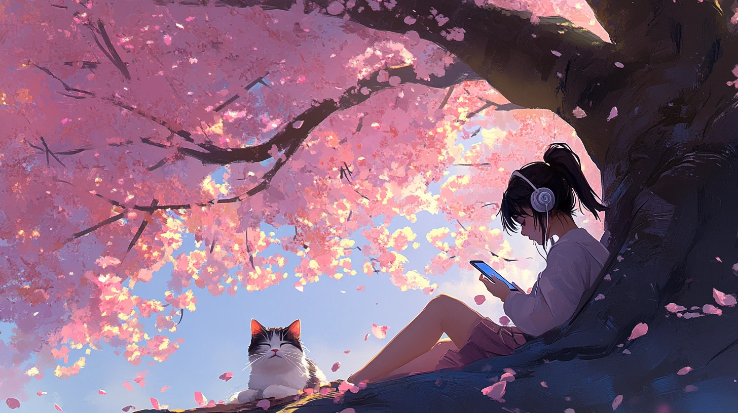 Chat endormi sous un cerisier en fleurs