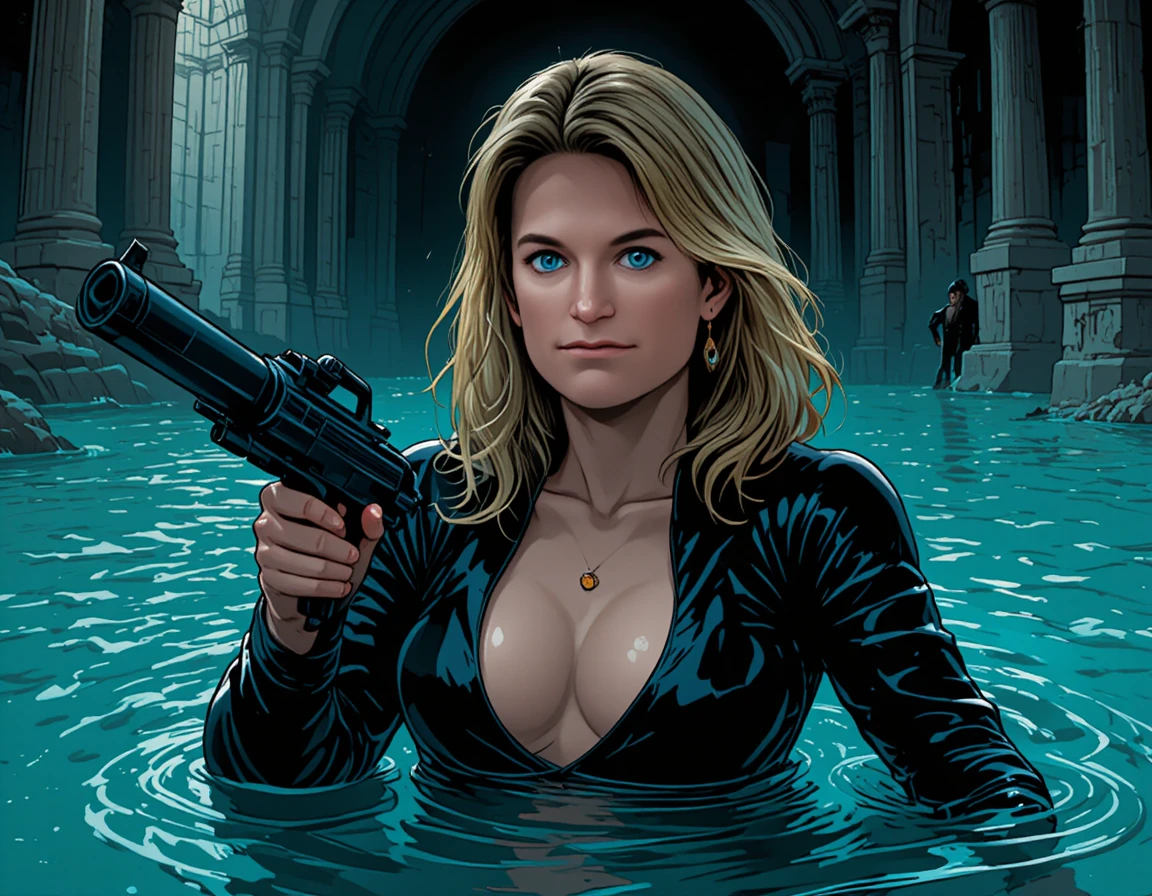 Armed blonde woman in black dress in a turquoise pool