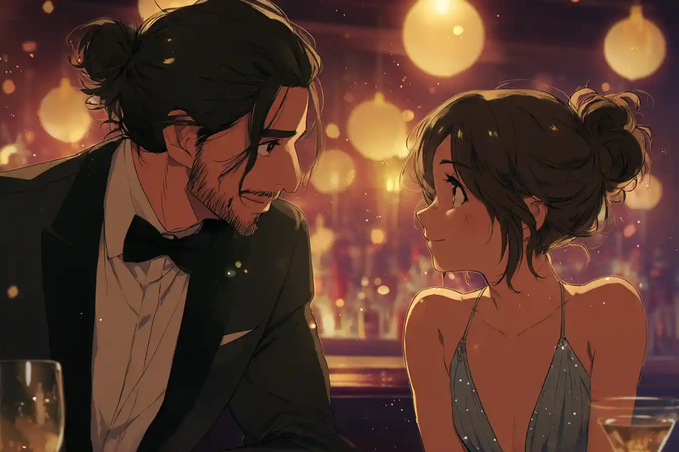 Casal de anime trocando olhares flertando em um bar