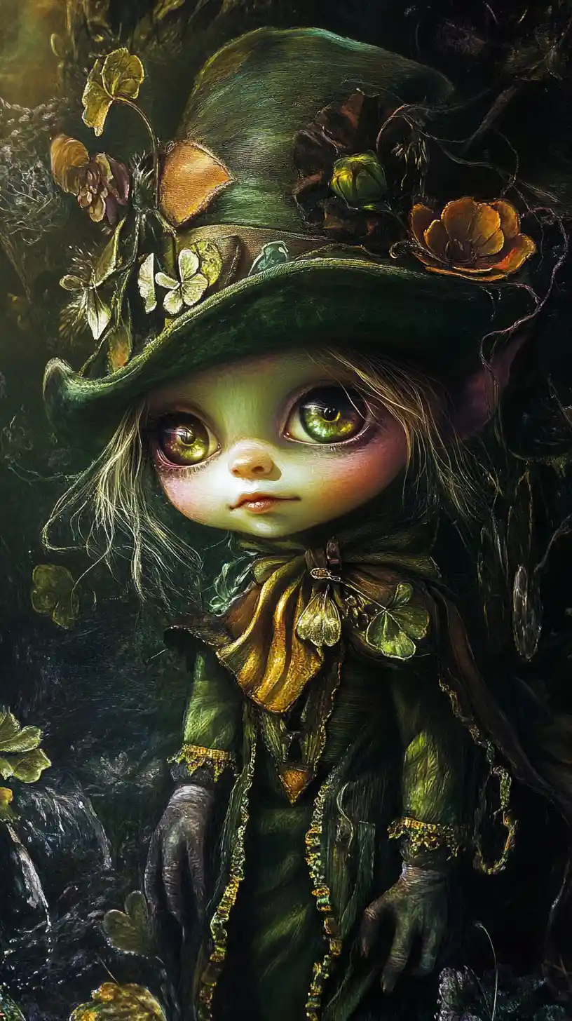 Baby-Leprechaun mit schimmernden Farbverlauf-Augen im Fantasiestil