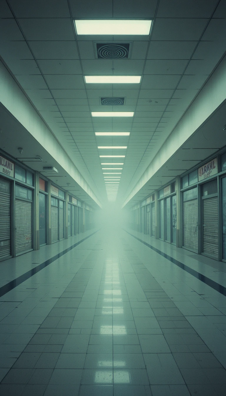 Empty indoor shopping mall corridor with dim fluorescent light