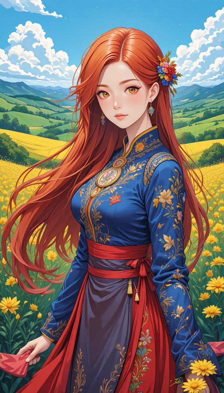 Mulher ruiva com vestido azul e vermelho em campo florido