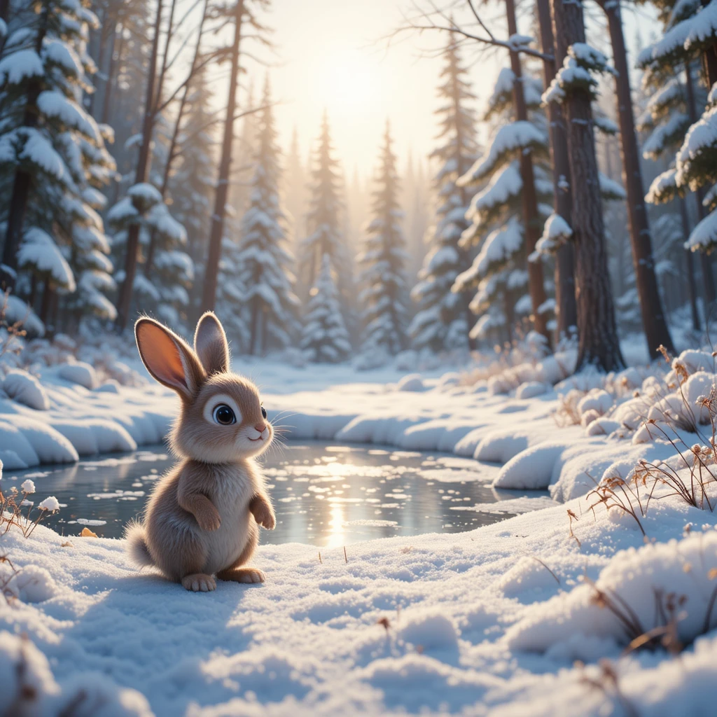 Coelho fofinho explorando um lago tranquilo na floresta de inverno