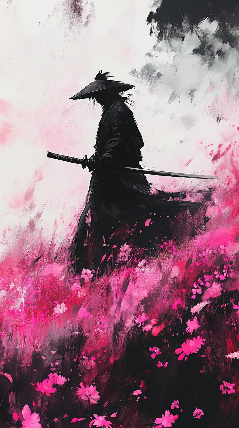 ピンクの野花畑を歩く侍戦士