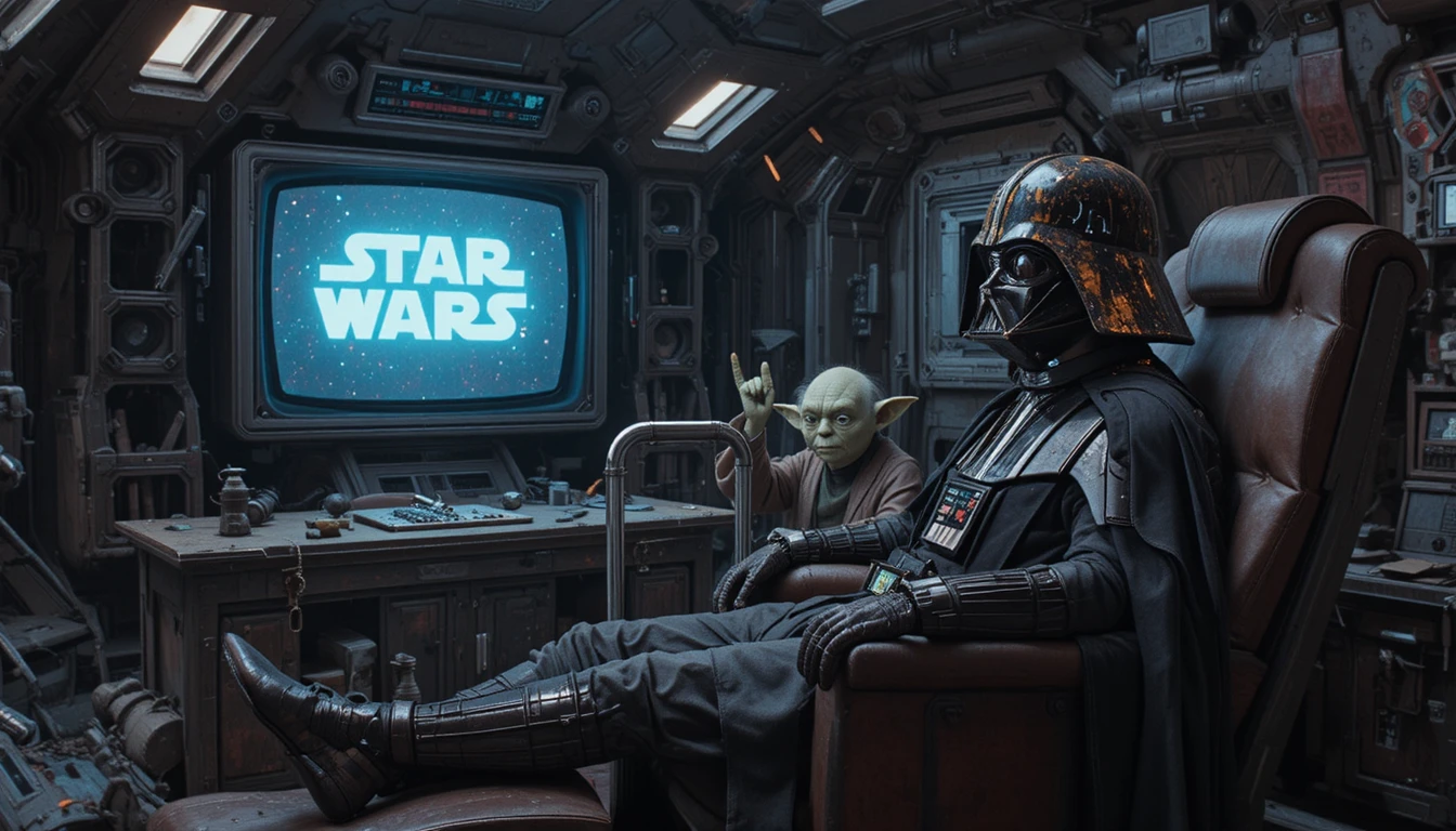 Elderly armored figure relaxing in a worn spaceship living area