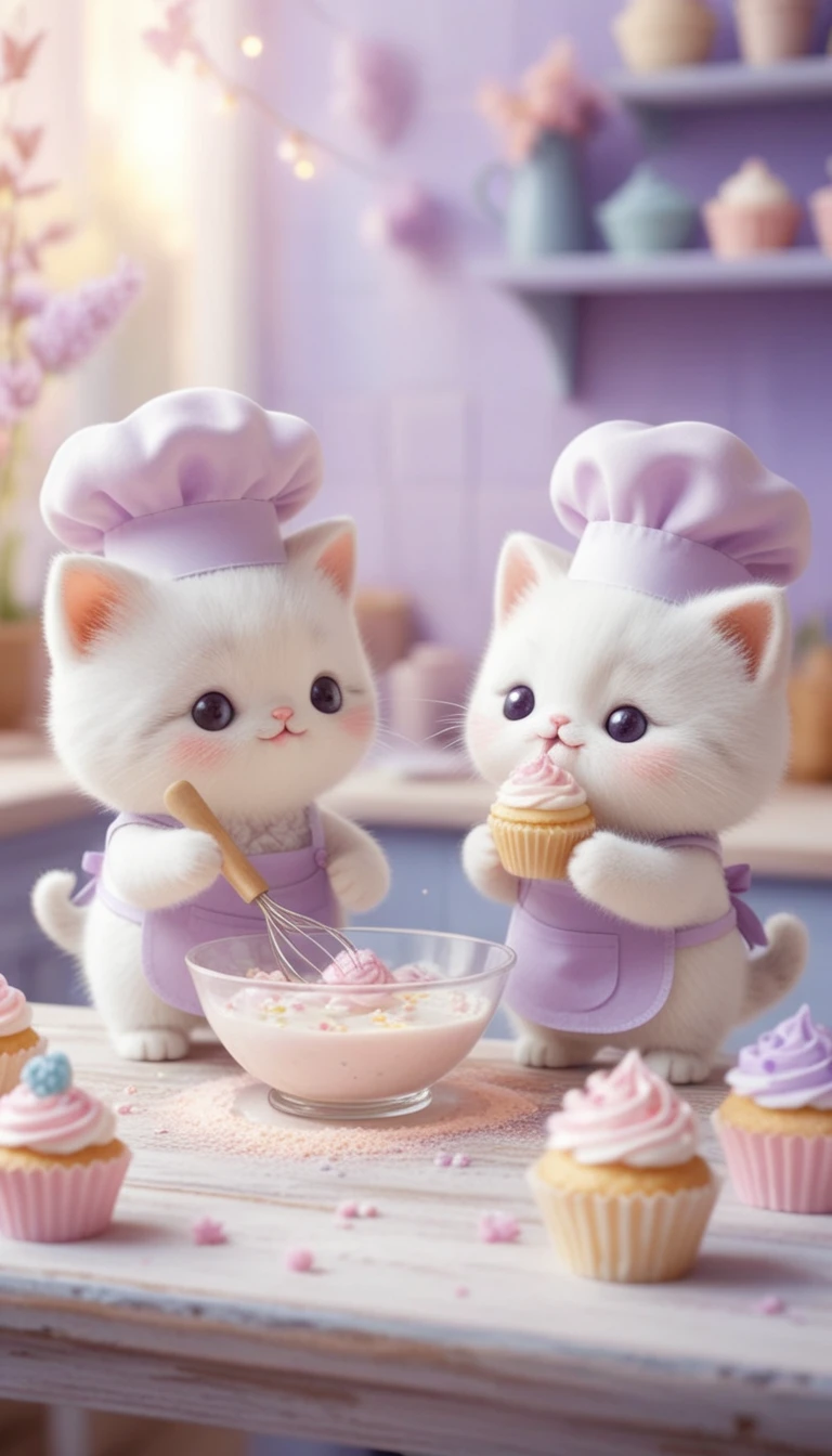 Chatons kawaii préparant des douceurs dans une cuisine magique aux tons pastel
