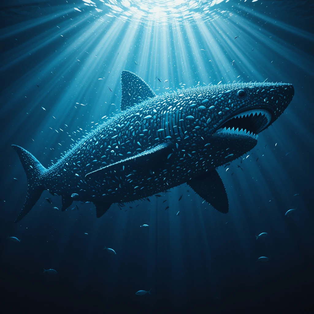 Silueta de tiburón gigante formada por un banco de peces luminosos